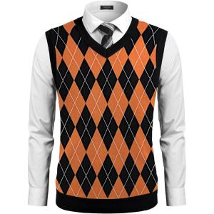 imageCOOFANDY Mens Sleeveless V Neck Pullover Sweater Slim Fit Casual Argyle Vest SweatersBlackorange