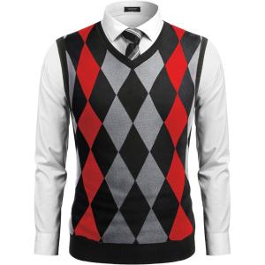 imageCOOFANDY Mens Sleeveless V Neck Pullover Sweater Slim Fit Casual Argyle Vest SweatersBlackred
