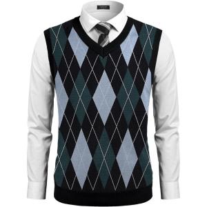 imageCOOFANDY Mens Sleeveless V Neck Pullover Sweater Slim Fit Casual Argyle Vest SweatersBluegreen