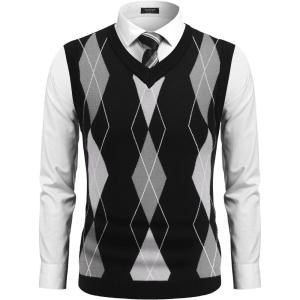 imageCOOFANDY Mens Sleeveless V Neck Pullover Sweater Slim Fit Casual Argyle Vest SweatersGw262 Black and Gray Plaid