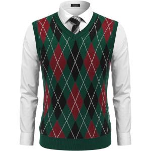 imageCOOFANDY Mens Sleeveless V Neck Pullover Sweater Slim Fit Casual Argyle Vest SweatersGw345 Green and Black Plaid