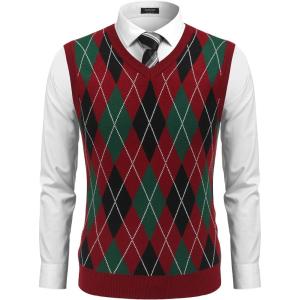 imageCOOFANDY Mens Sleeveless V Neck Pullover Sweater Slim Fit Casual Argyle Vest SweatersGw346 Red and Black Plaid
