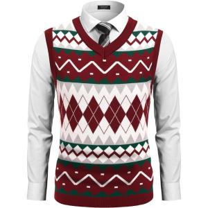 imageCOOFANDY Mens Sleeveless V Neck Pullover Sweater Slim Fit Casual Argyle Vest SweatersGz981 Red and White Plaid