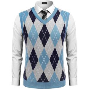 imageCOOFANDY Mens Sleeveless V Neck Pullover Sweater Slim Fit Casual Argyle Vest SweatersLight Blue