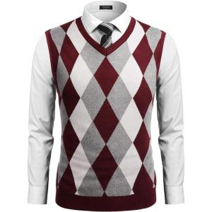 imageCOOFANDY Mens Sleeveless V Neck Pullover Sweater Slim Fit Casual Argyle Vest SweatersWine Red