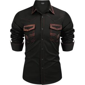 imageCOOFANDY Mens Western Cowboy Shirt Embroidered Long Sleeve Slim Fit Casual Cotton Button Down Hippie Shirts with PocketsBlack 2