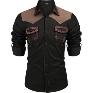 imageCOOFANDY Mens Western Cowboy Shirt Embroidered Long Sleeve Slim Fit Casual Cotton Button Down Hippie Shirts with PocketsBlack Dark Brown