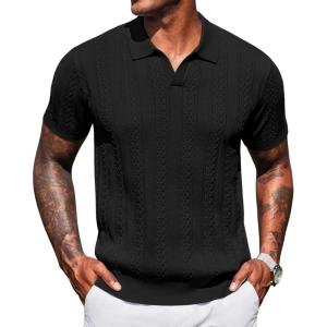 imageCOOFANDY Knit Polo Shirts for Men Short Sleeve V Neck Polo Lightweight Summer Casual Textured Polo ShirtsBlack