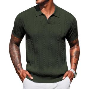 imageCOOFANDY Knit Polo Shirts for Men Short Sleeve V Neck Polo Lightweight Summer Casual Textured Polo ShirtsDark Green