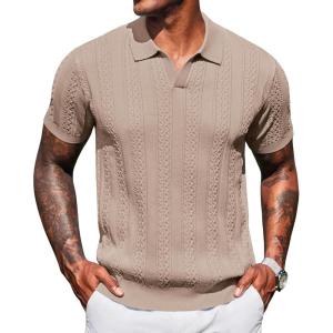 imageCOOFANDY Knit Polo Shirts for Men Short Sleeve V Neck Polo Lightweight Summer Casual Textured Polo ShirtsKhaki