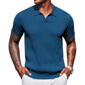 imageCOOFANDY Knit Polo Shirts for Men Short Sleeve V Neck Polo Lightweight Summer Casual Textured Polo ShirtsLake Blue