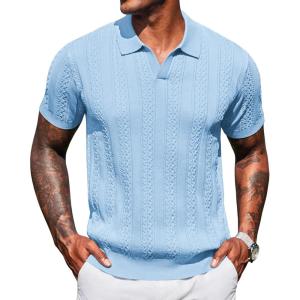 imageCOOFANDY Knit Polo Shirts for Men Short Sleeve V Neck Polo Lightweight Summer Casual Textured Polo ShirtsLight Blue