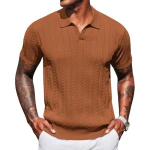 imageCOOFANDY Knit Polo Shirts for Men Short Sleeve V Neck Polo Lightweight Summer Casual Textured Polo ShirtsLight Brown