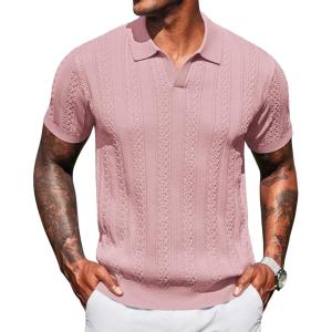 imageCOOFANDY Knit Polo Shirts for Men Short Sleeve V Neck Polo Lightweight Summer Casual Textured Polo ShirtsLotus Pink