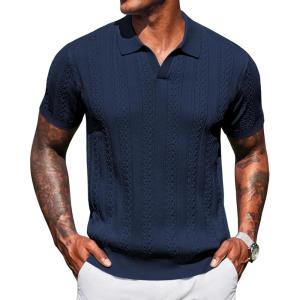 imageCOOFANDY Knit Polo Shirts for Men Short Sleeve V Neck Polo Lightweight Summer Casual Textured Polo ShirtsNavy