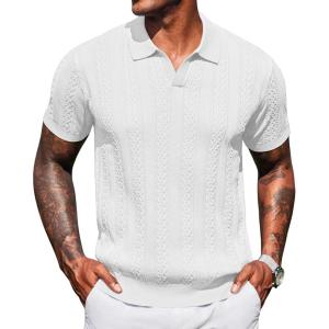 imageCOOFANDY Knit Polo Shirts for Men Short Sleeve V Neck Polo Lightweight Summer Casual Textured Polo ShirtsWhite