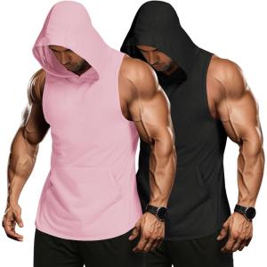 imageCOOFANDY Mens 2 Pack Workout Hooded Tank Tops Bodybuilding Muscle Cut Off T Shirt Sleeveless Gym HoodiesBlackpink