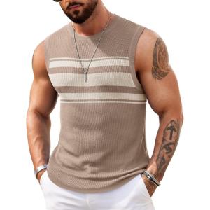 imageCOOFANDY Mens Casual Knitted Tank Tops Crew Neck Sleeveless Muscle T Shirts Summer Beach TopsKhakiIvory