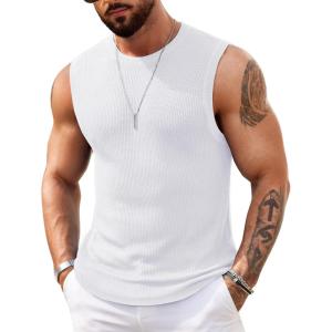 imageCOOFANDY Mens Casual Knitted Tank Tops Crew Neck Sleeveless Muscle T Shirts Summer Beach TopsWhite