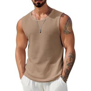 imageCOOFANDY Mens Casual Tank Tops 2 Pack Waffle Knit Sleeveless Shirt Breathable Tank Shirts Summer Muscle TeeKhaki