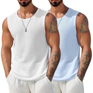 imageCOOFANDY Mens Casual Tank Tops 2 Pack Waffle Knit Sleeveless Shirt Breathable Tank Shirts Summer Muscle TeeWhiteLight Blue