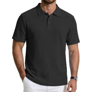 imageCOOFANDY Mens Knit Polo Shirts Short Sleeve Casual Textured Polo Shirt Summer Vintage Collared Golf TShir01black