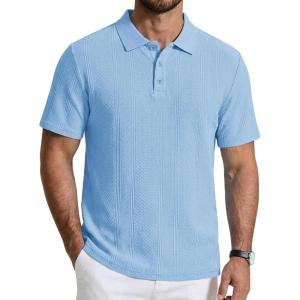 imageCOOFANDY Mens Knit Polo Shirts Short Sleeve Casual Textured Polo Shirt Summer Vintage Collared Golf TShirLight Blue