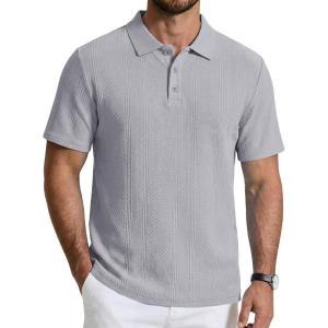 imageCOOFANDY Mens Knit Polo Shirts Short Sleeve Casual Textured Polo Shirt Summer Vintage Collared Golf TShirLight Grey