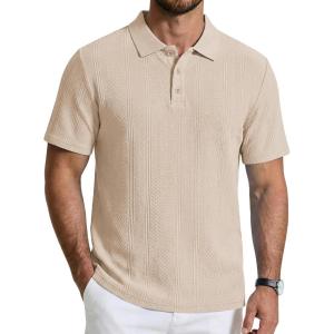imageCOOFANDY Mens Knit Polo Shirts Short Sleeve Casual Textured Polo Shirt Summer Vintage Collared Golf TShirLight Khaki
