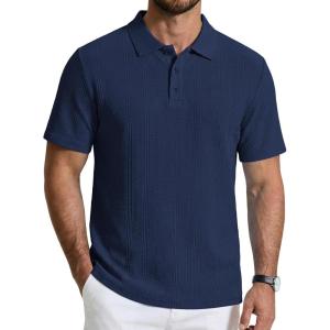 imageCOOFANDY Mens Knit Polo Shirts Short Sleeve Casual Textured Polo Shirt Summer Vintage Collared Golf TShirNavy Blue
