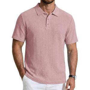imageCOOFANDY Mens Knit Polo Shirts Short Sleeve Casual Textured Polo Shirt Summer Vintage Collared Golf TShirPink
