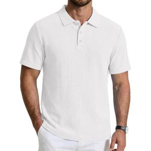 imageCOOFANDY Mens Knit Polo Shirts Short Sleeve Casual Textured Polo Shirt Summer Vintage Collared Golf TShirWhite