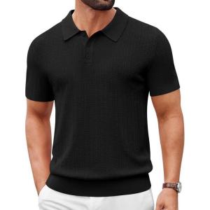 imageCOOFANDY Mens Knit Polo Shirts Short Sleeve Slim Fit Textured Golf Polo Shirt Casual Summer Vacation TShirtsBlack