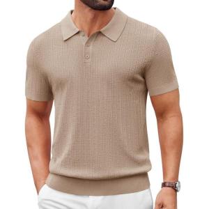 imageCOOFANDY Mens Knit Polo Shirts Short Sleeve Slim Fit Textured Golf Polo Shirt Casual Summer Vacation TShirtsKhaki