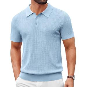 imageCOOFANDY Mens Knit Polo Shirts Short Sleeve Slim Fit Textured Golf Polo Shirt Casual Summer Vacation TShirtsLight Blue