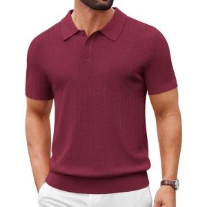 imageCOOFANDY Mens Knit Polo Shirts Short Sleeve Slim Fit Textured Golf Polo Shirt Casual Summer Vacation TShirtsWine Red