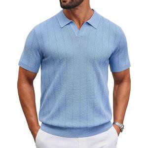 imageCOOFANDY Mens Knit Polo Shirts V Neck Short Sleeve Ribbed Textured Polo Shirt Stretch Casual Golf Shirts Collared T Shirt01light Blue