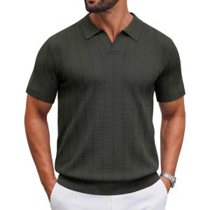 imageCOOFANDY Mens Knit Polo Shirts V Neck Short Sleeve Ribbed Textured Polo Shirt Stretch Casual Golf Shirts Collared T ShirtArmy Green
