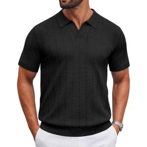 imageCOOFANDY Mens Knit Polo Shirts V Neck Short Sleeve Ribbed Textured Polo Shirt Stretch Casual Golf Shirts Collared T ShirtBlack
