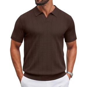 imageCOOFANDY Mens Knit Polo Shirts V Neck Short Sleeve Ribbed Textured Polo Shirt Stretch Casual Golf Shirts Collared T ShirtBrown