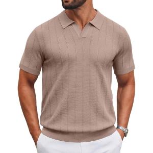 imageCOOFANDY Mens Knit Polo Shirts V Neck Short Sleeve Ribbed Textured Polo Shirt Stretch Casual Golf Shirts Collared T ShirtKhaki
