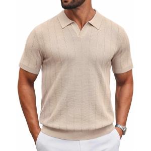 imageCOOFANDY Mens Knit Polo Shirts V Neck Short Sleeve Ribbed Textured Polo Shirt Stretch Casual Golf Shirts Collared T ShirtLight Brown