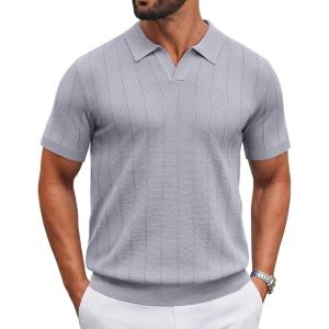 imageCOOFANDY Mens Knit Polo Shirts V Neck Short Sleeve Ribbed Textured Polo Shirt Stretch Casual Golf Shirts Collared T ShirtLight Gray