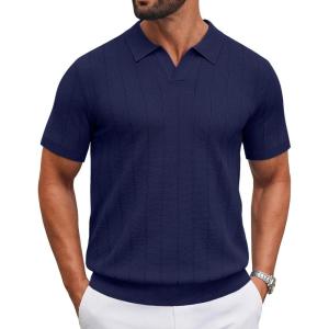 imageCOOFANDY Mens Knit Polo Shirts V Neck Short Sleeve Ribbed Textured Polo Shirt Stretch Casual Golf Shirts Collared T ShirtNavy Blue