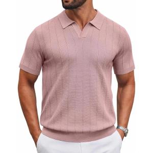 imageCOOFANDY Mens Knit Polo Shirts V Neck Short Sleeve Ribbed Textured Polo Shirt Stretch Casual Golf Shirts Collared T ShirtPink