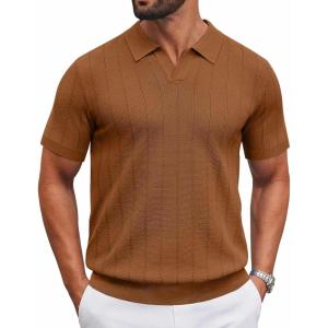 imageCOOFANDY Mens Knit Polo Shirts V Neck Short Sleeve Ribbed Textured Polo Shirt Stretch Casual Golf Shirts Collared T ShirtReddish Brown