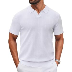 imageCOOFANDY Mens Knit Polo Shirts V Neck Short Sleeve Ribbed Textured Polo Shirt Stretch Casual Golf Shirts Collared T ShirtWhite