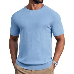 imageCOOFANDY Mens Knit TShirts Casual Short Sleeve Crewneck Shirt Textured Pullover TeesLight Blue