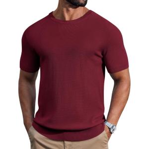 imageCOOFANDY Mens Knit TShirts Casual Short Sleeve Crewneck Shirt Textured Pullover TeesWine Red