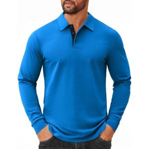 imageCOOFANDY Mens Long Sleeve Polo Shirts Cotton Collared Shirts Casual Business Polo Classic Golf T ShirtsBlue